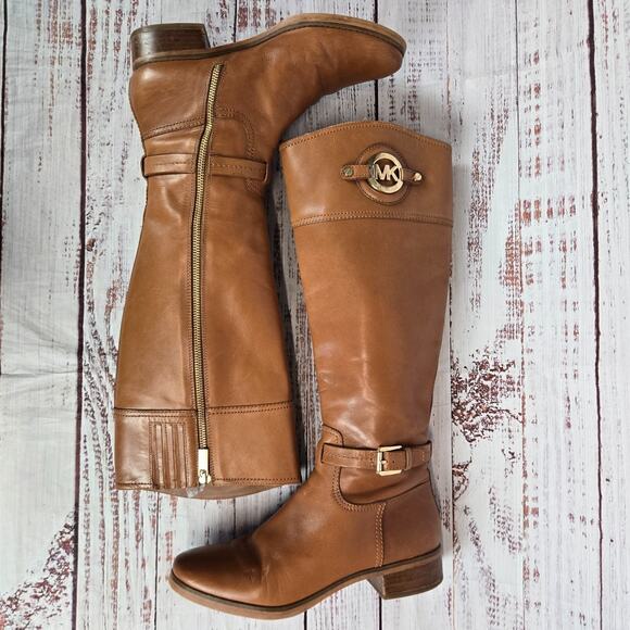 Michael Kors Womens Stockard Riding Boots 8M Brown Leather Knee Western Cowgirl - Picture 3 of 12